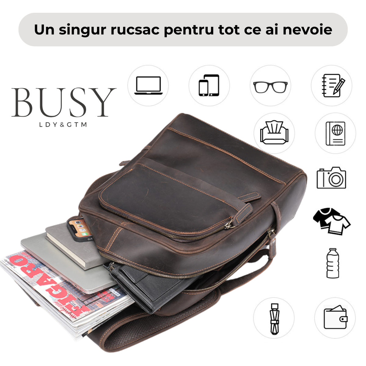 Rucsac laptop 15,6' Rayan, barbati, piele naturala, piele premium crazy horse, sistem prindere troler, compartiment tableta, dark coffee vintage