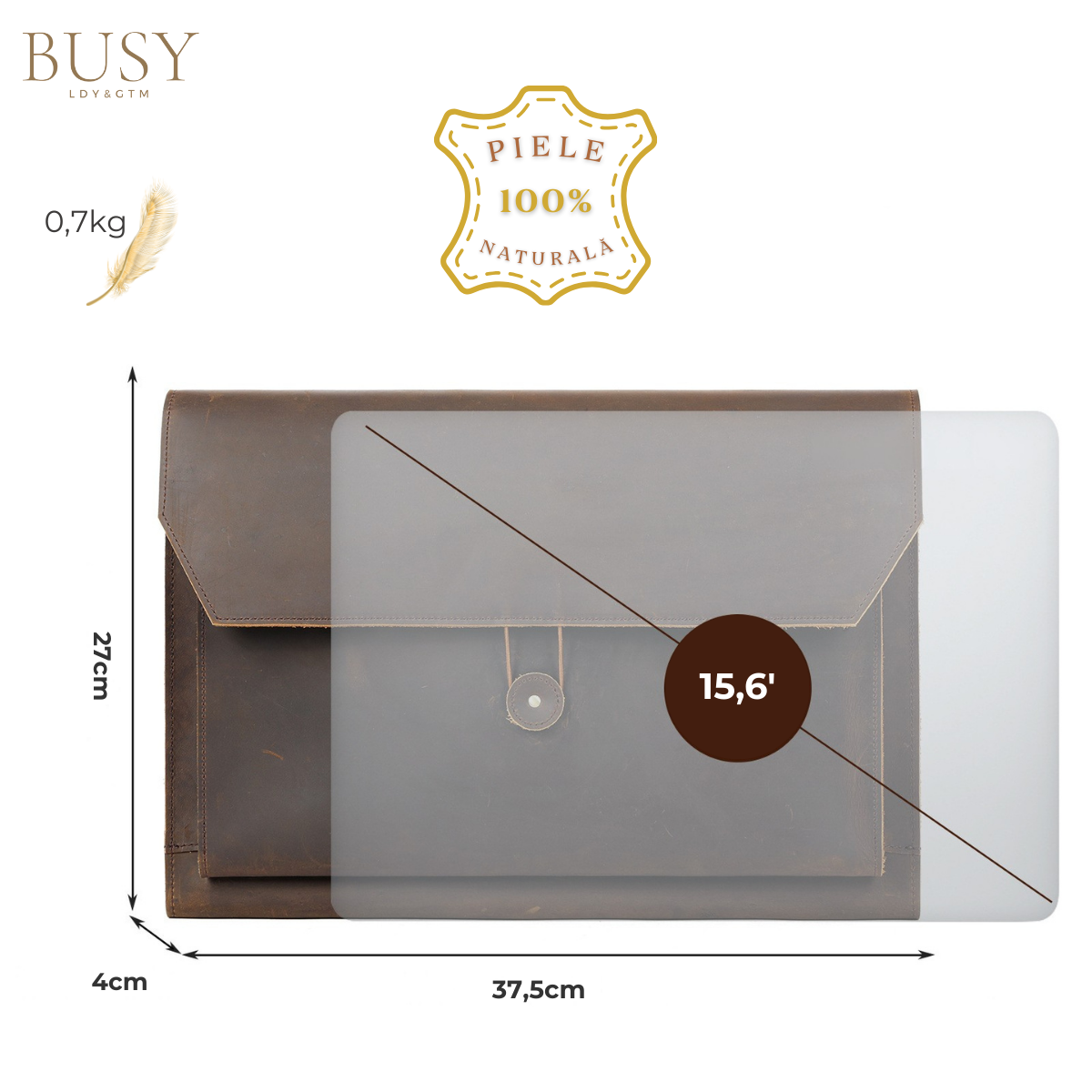 Husa piele naturala laptop 15,6 - 14 inch, slim Elegance Busy Lady & Gentleman maro