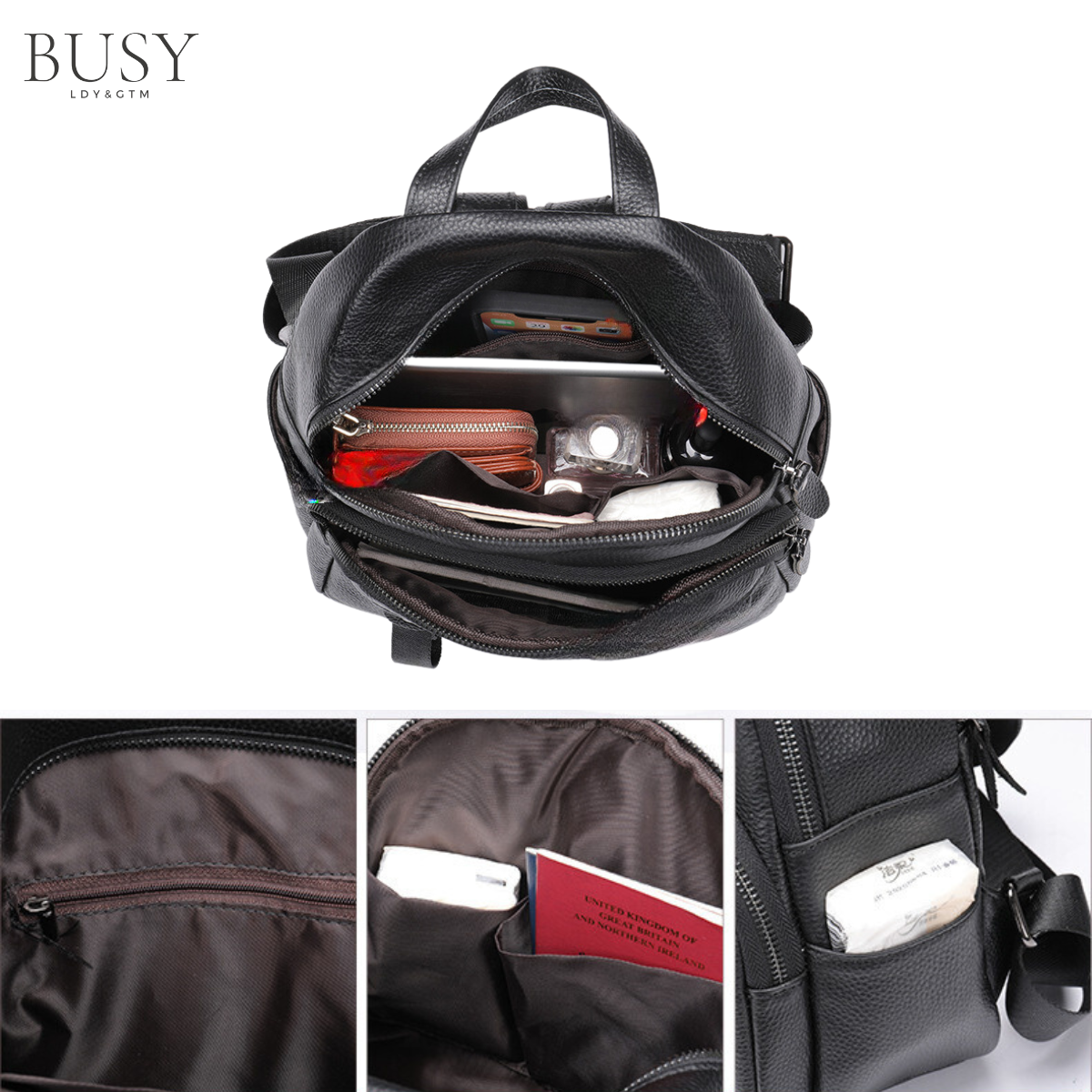 Rucsac dama Grace, piele naturala, negru