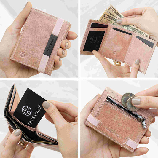 Portofel piele naturala cu cu oglinda si protectie anti scanare carduri RFID, design compact trifold, Marseille - roz