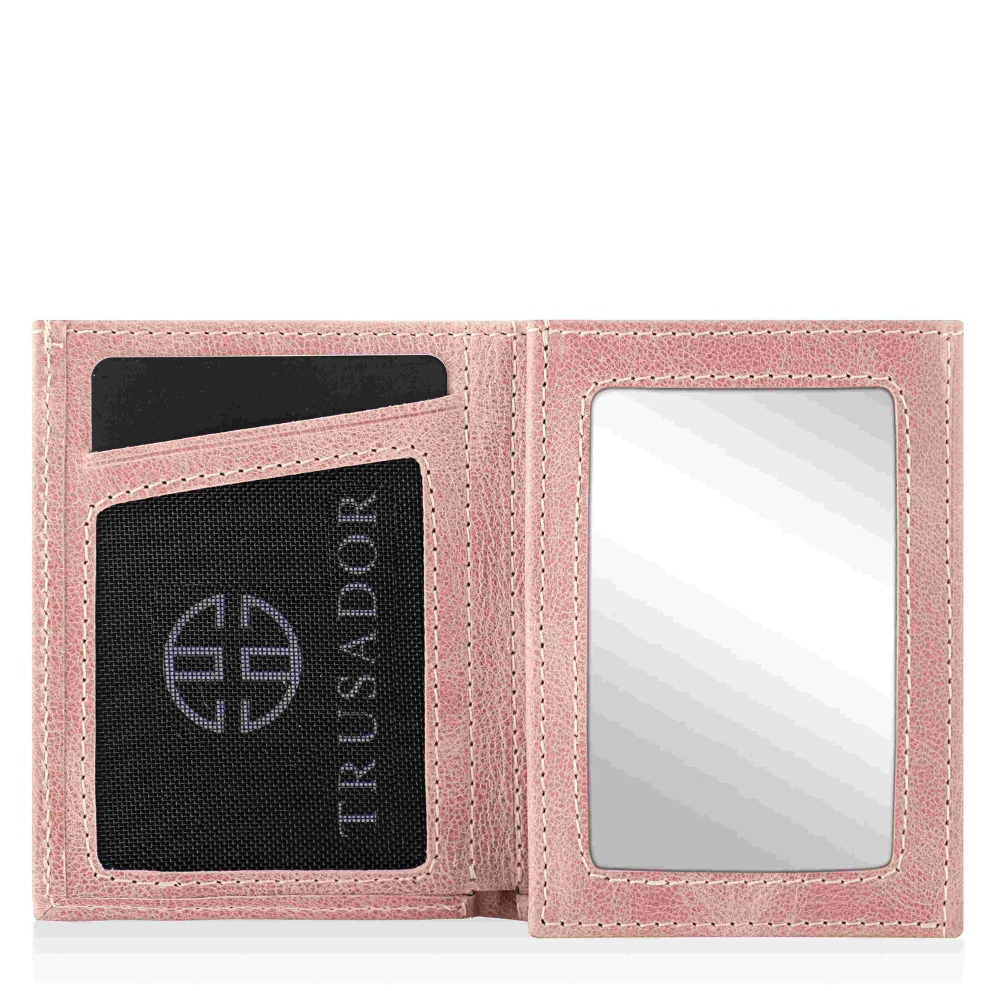 Portofel piele naturala cu cu oglinda si protectie anti scanare carduri RFID, design compact trifold, Marseille - roz