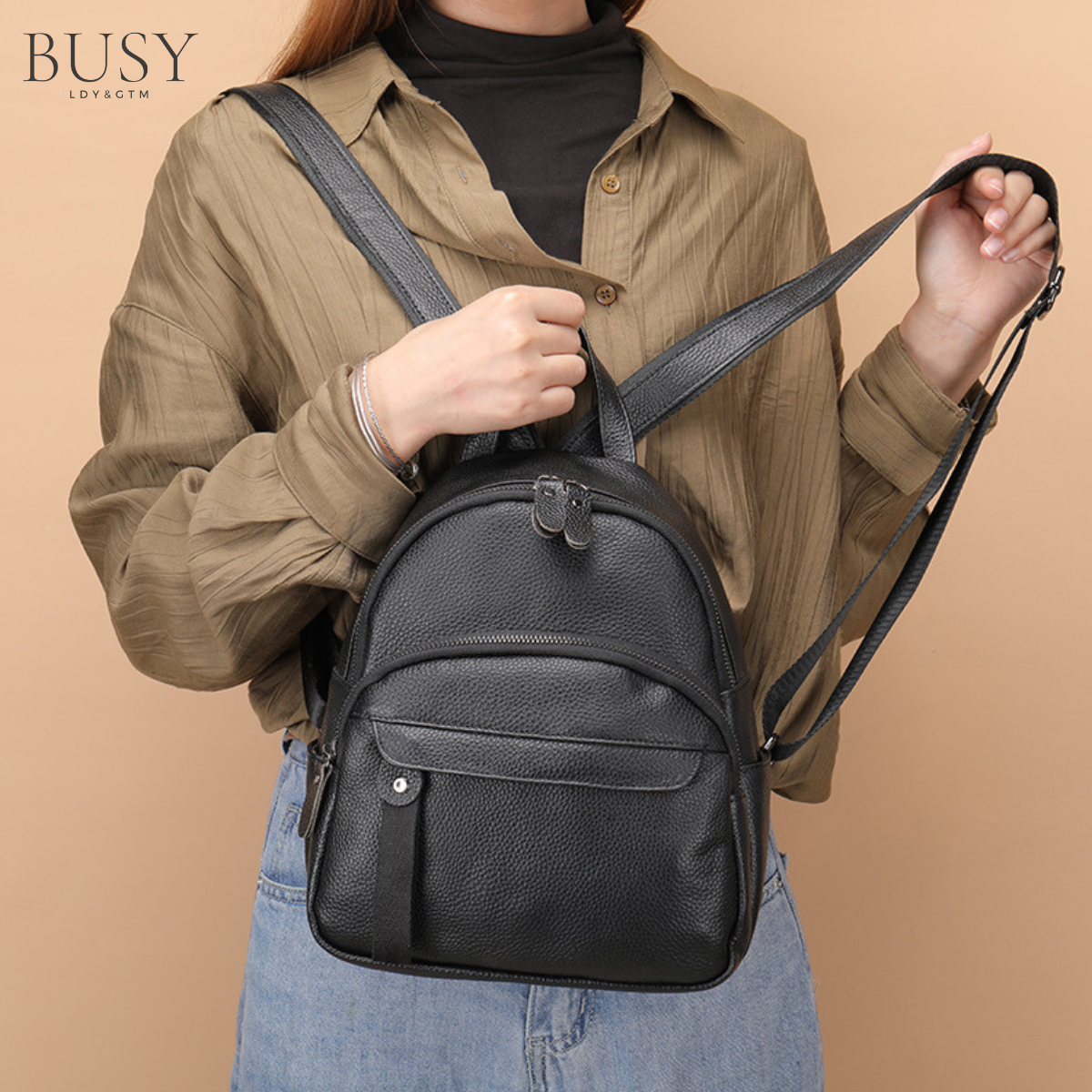 Rucsac dama Grace, piele naturala, negru