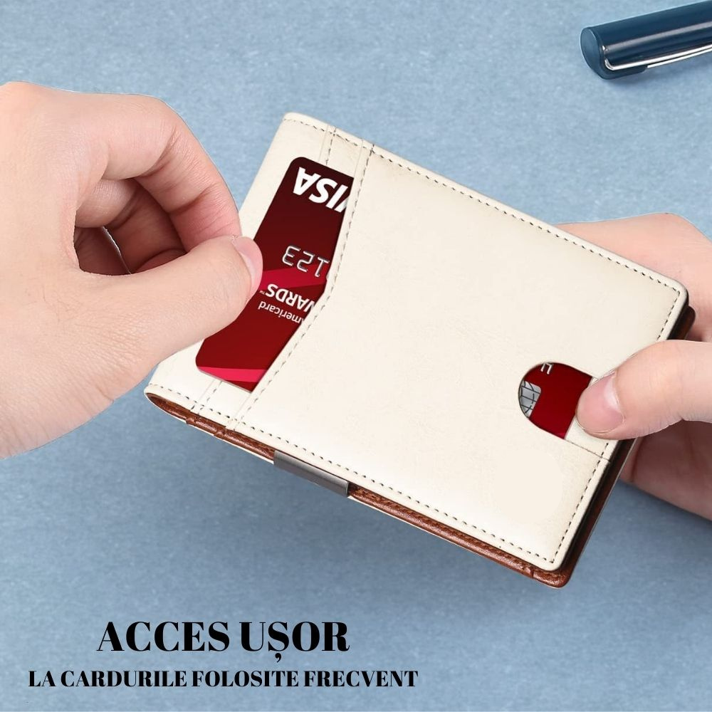 Portofel din piele pentru barbati, slim, cu protectie antiscanare carduri, be