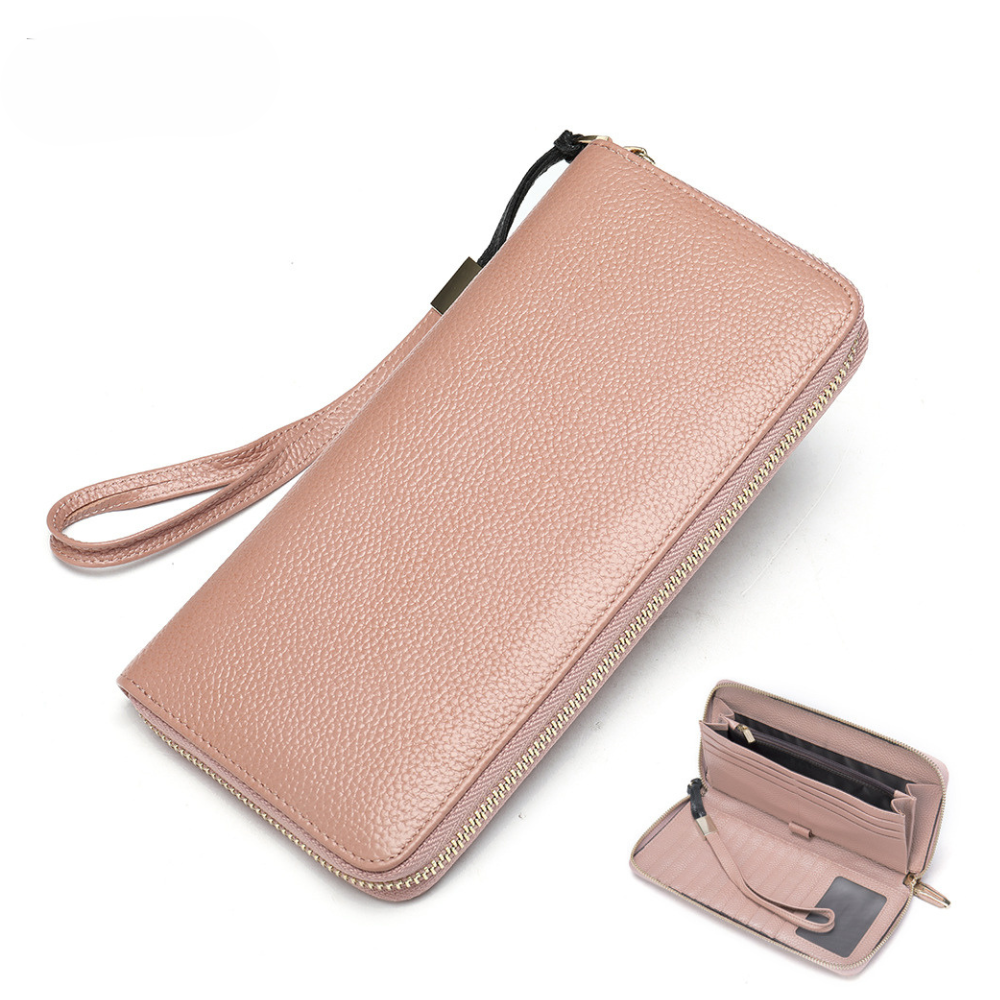 Portofel dama Hera, piele naturala, compartiment smartphone, multiple sloturi, fermoar monede, roz pudra