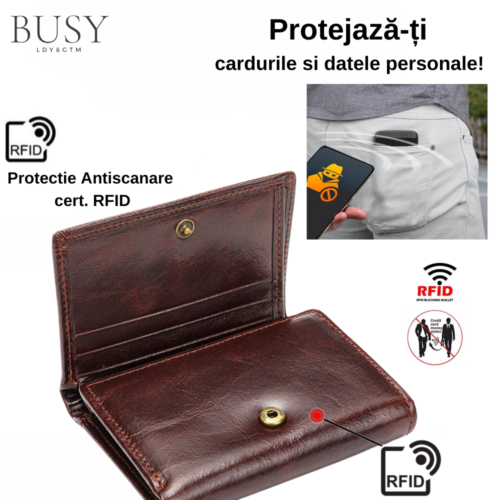 Portofel barbati Loft, piele naturala, antiscanare carduri RFID, compartimet poza si carte de identitate, maro