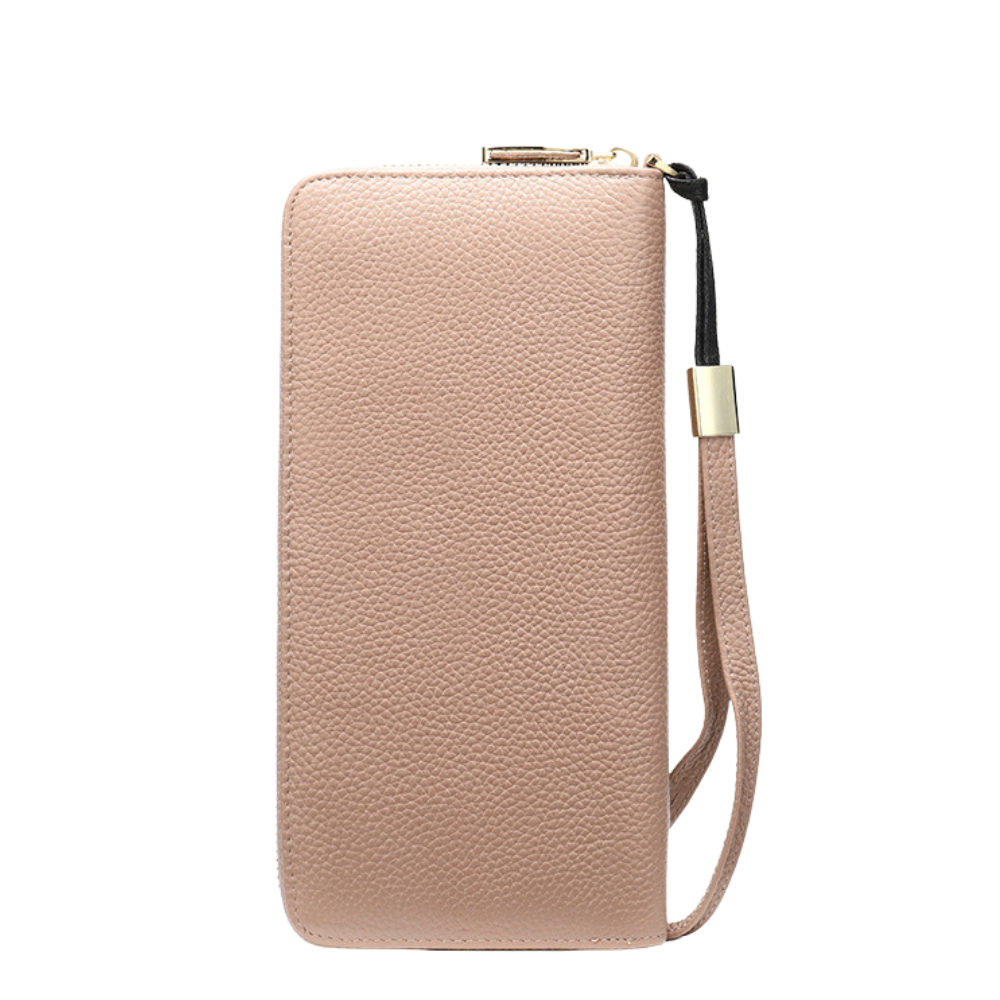 Portofel dama Hera, piele naturala, compartiment smartphone, multiple sloturi, fermoar monede, roz pudra