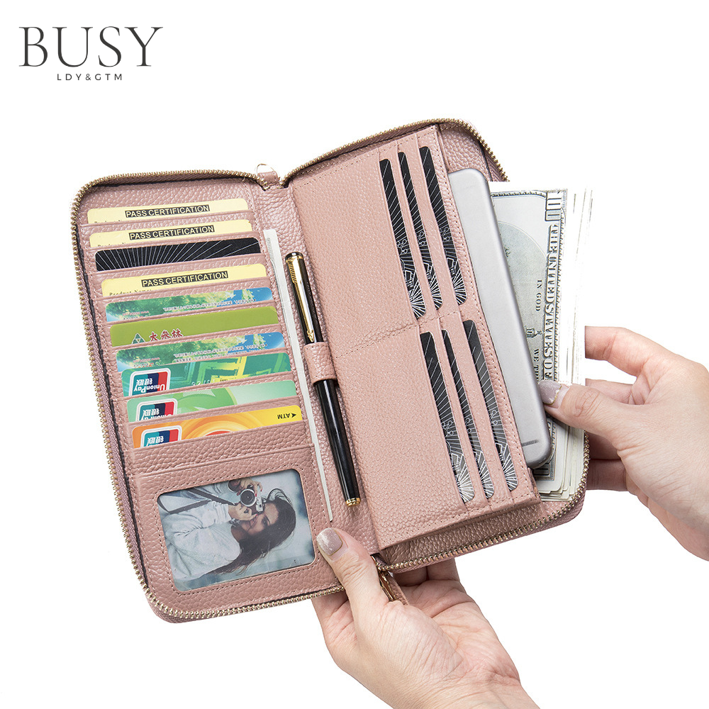 Portofel dama Hera, piele naturala, compartiment smartphone, multiple sloturi, fermoar monede, roz pudra