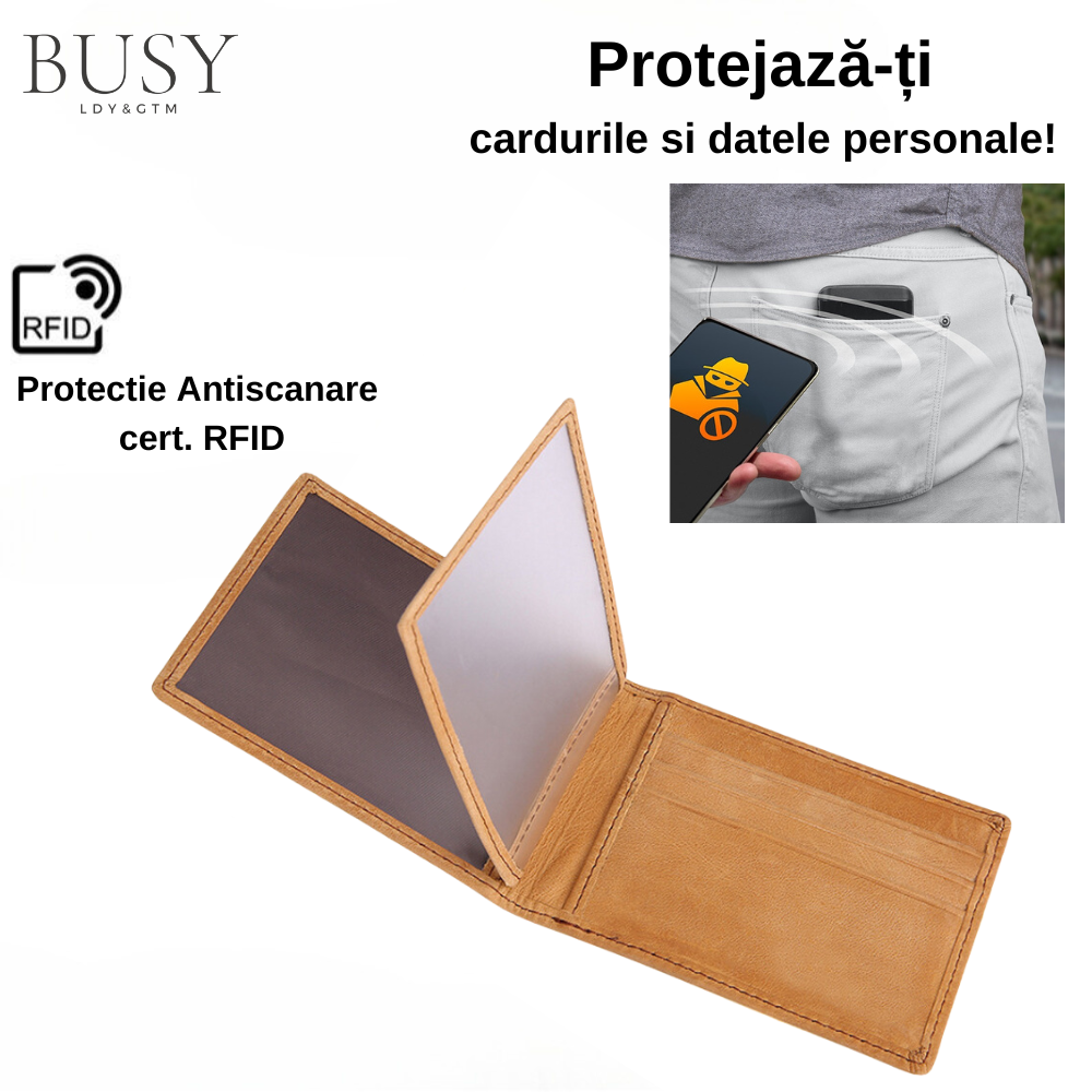Portofel barbati minimalist Avangard, ultra Slim, antiscanare carduri RFID, piele naturala, maro
