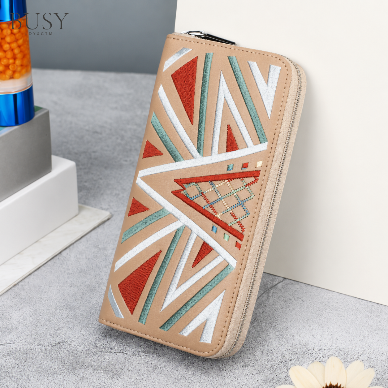 Portofel dama din piele naturală brodată multicolor, BUSY Lady & Gentleman® Ana – Beige