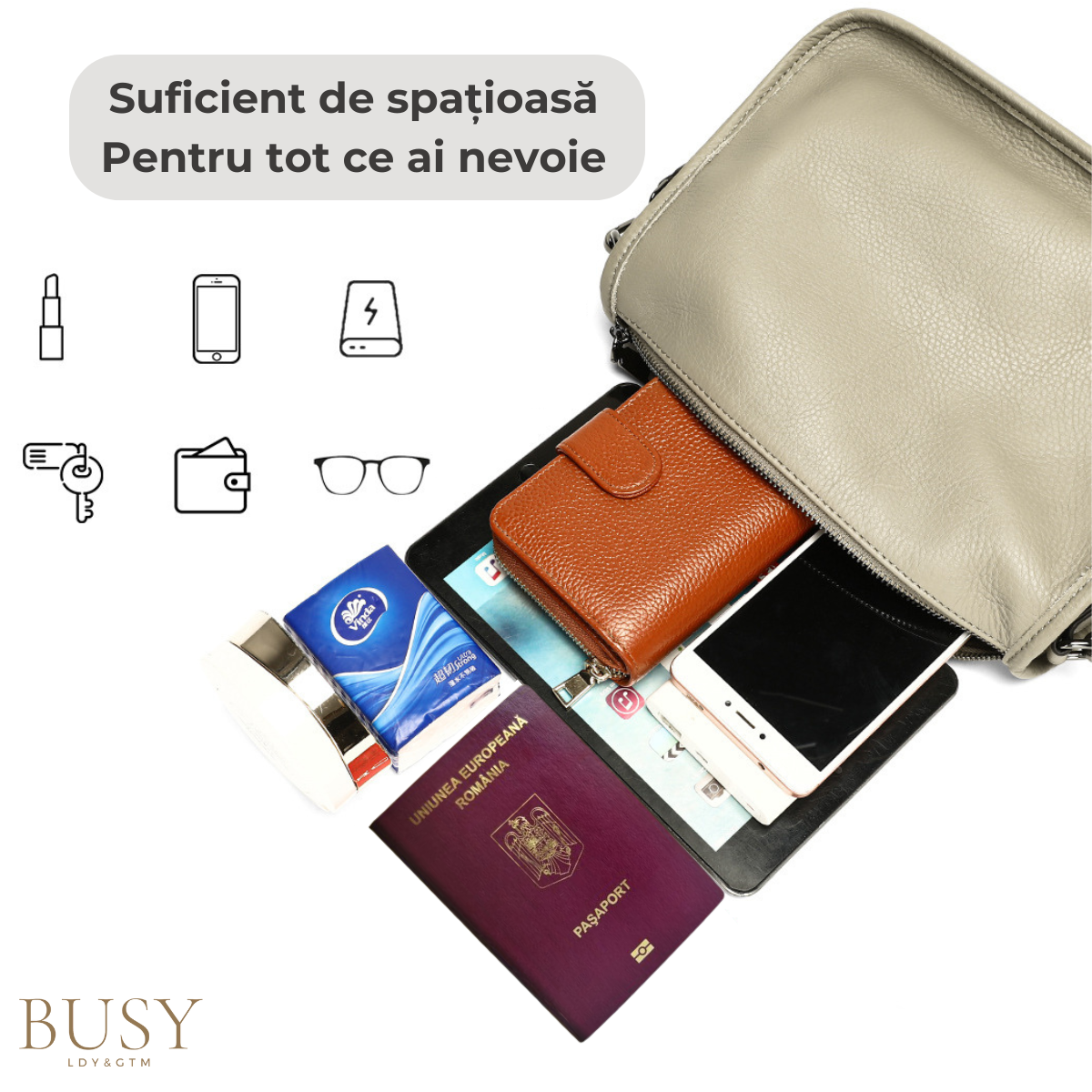 Geanta din piele naturala pentru dama Emma, curea umar motiv traditional, Gri/bej