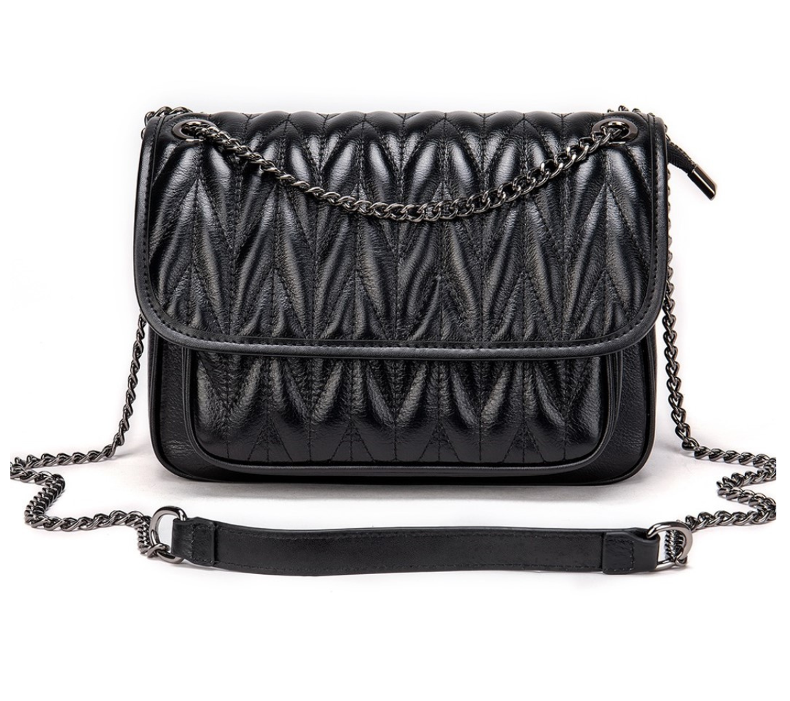 Geanta dama Bella, piele naturala, buzunar rapid exterior si antifurt interior, neagra