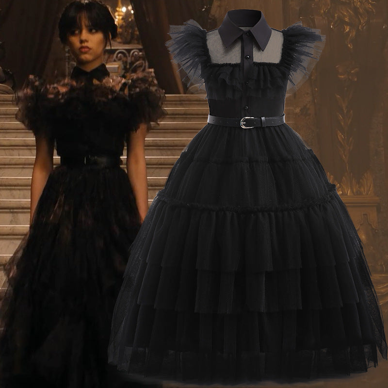 Rochie neagra model Wednesday, fete 140 cm
