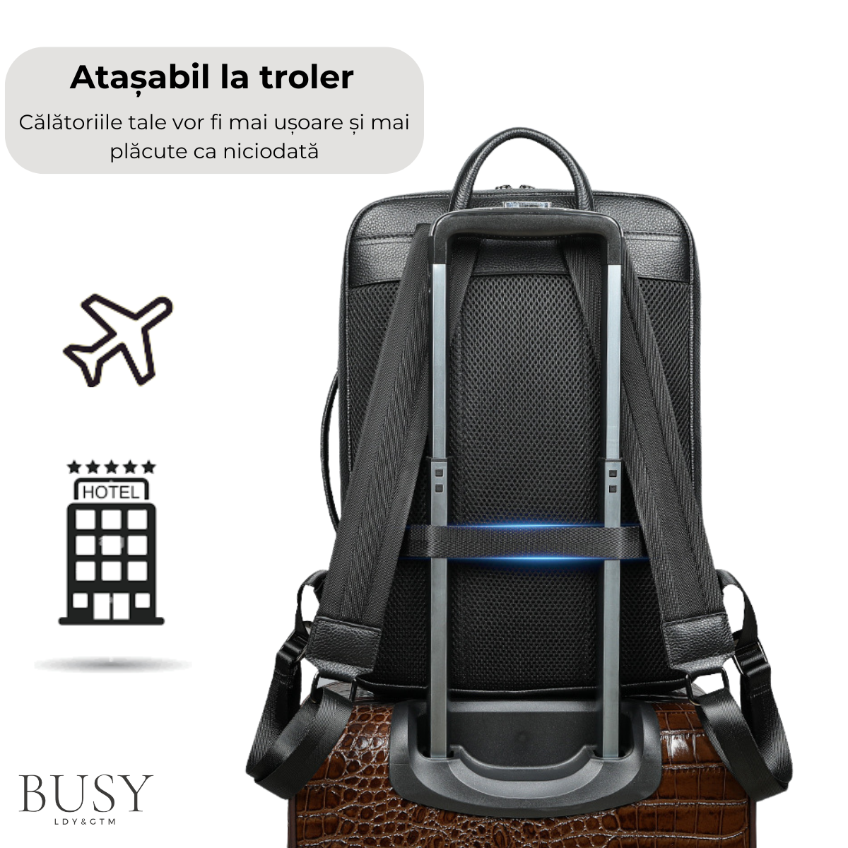 Rucsac laptop 15,6 Urban, barbati, piele naturala, multifunctional, suport troler, spate antiperspirant, negru