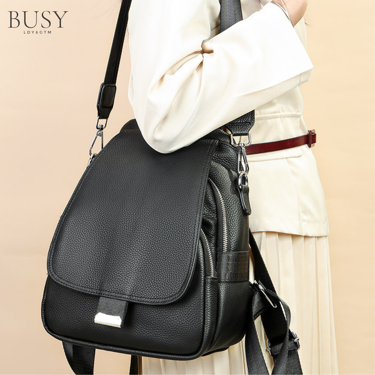 Rucsac dama din piele naturala, Luna, Negru