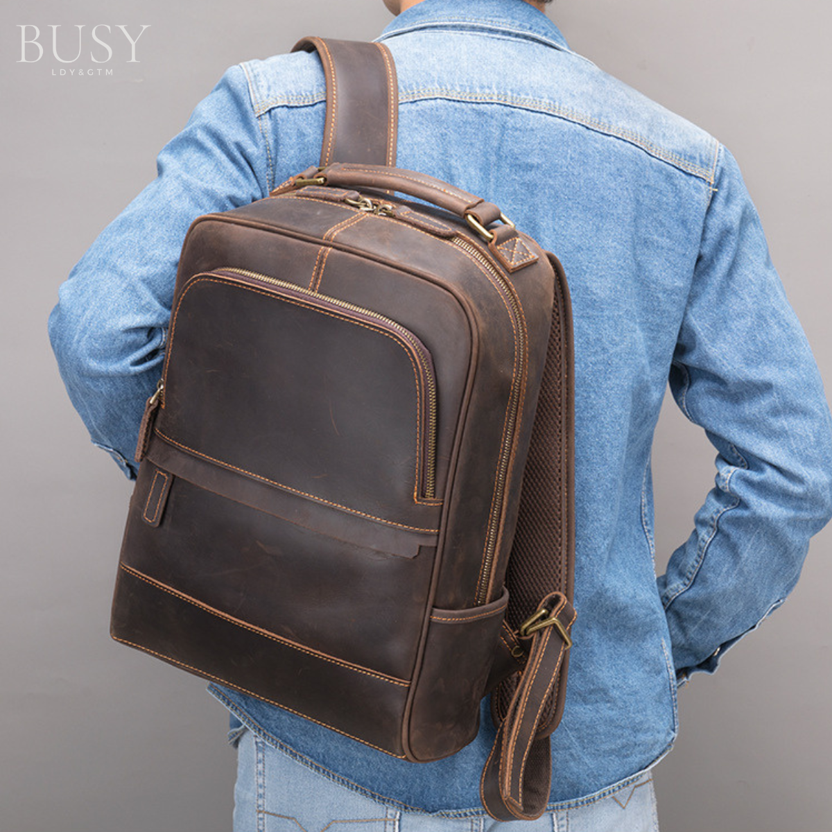 Rucsac laptop 15,6' Rayan, barbati, piele naturala, piele premium crazy horse, sistem prindere troler, compartiment tableta, dark coffee vintage