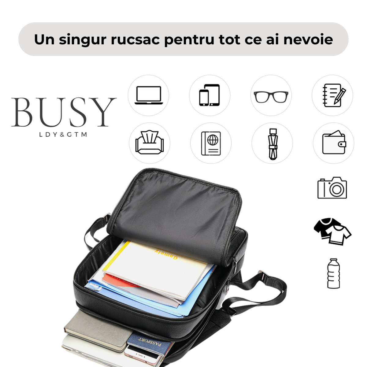 Rucsac laptop 15,6 Urban, barbati, piele naturala, multifunctional, suport troler, spate antiperspirant, negru