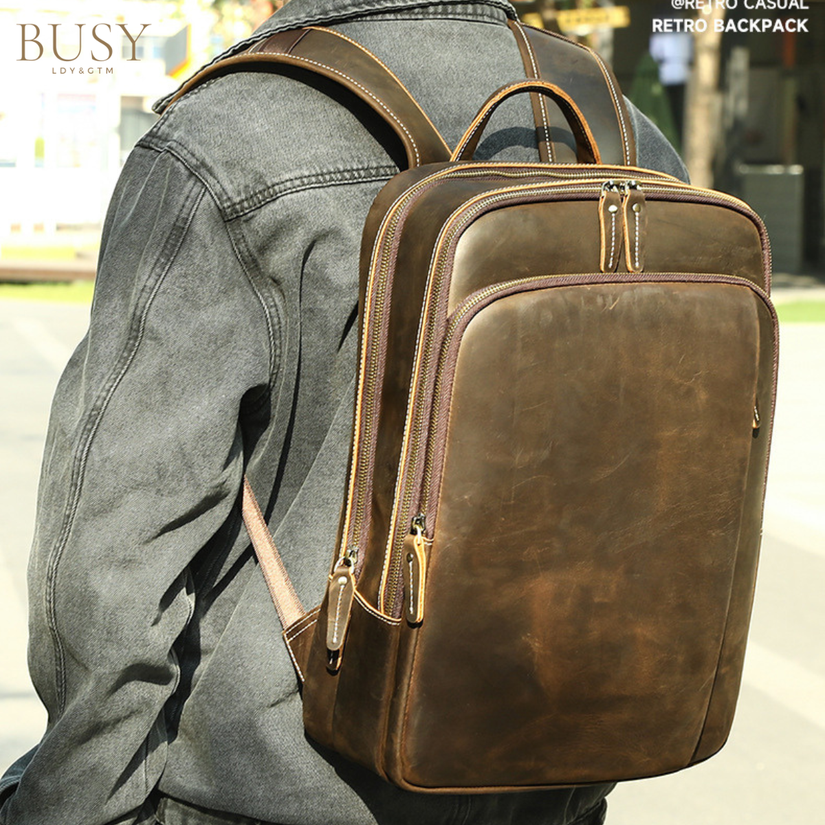 Rucsac Laptop 16' Piele Naturală, Noble, Design Retro Business, spate respirabil / ventilat, Ataşabil Troler, Maro/Cafea
