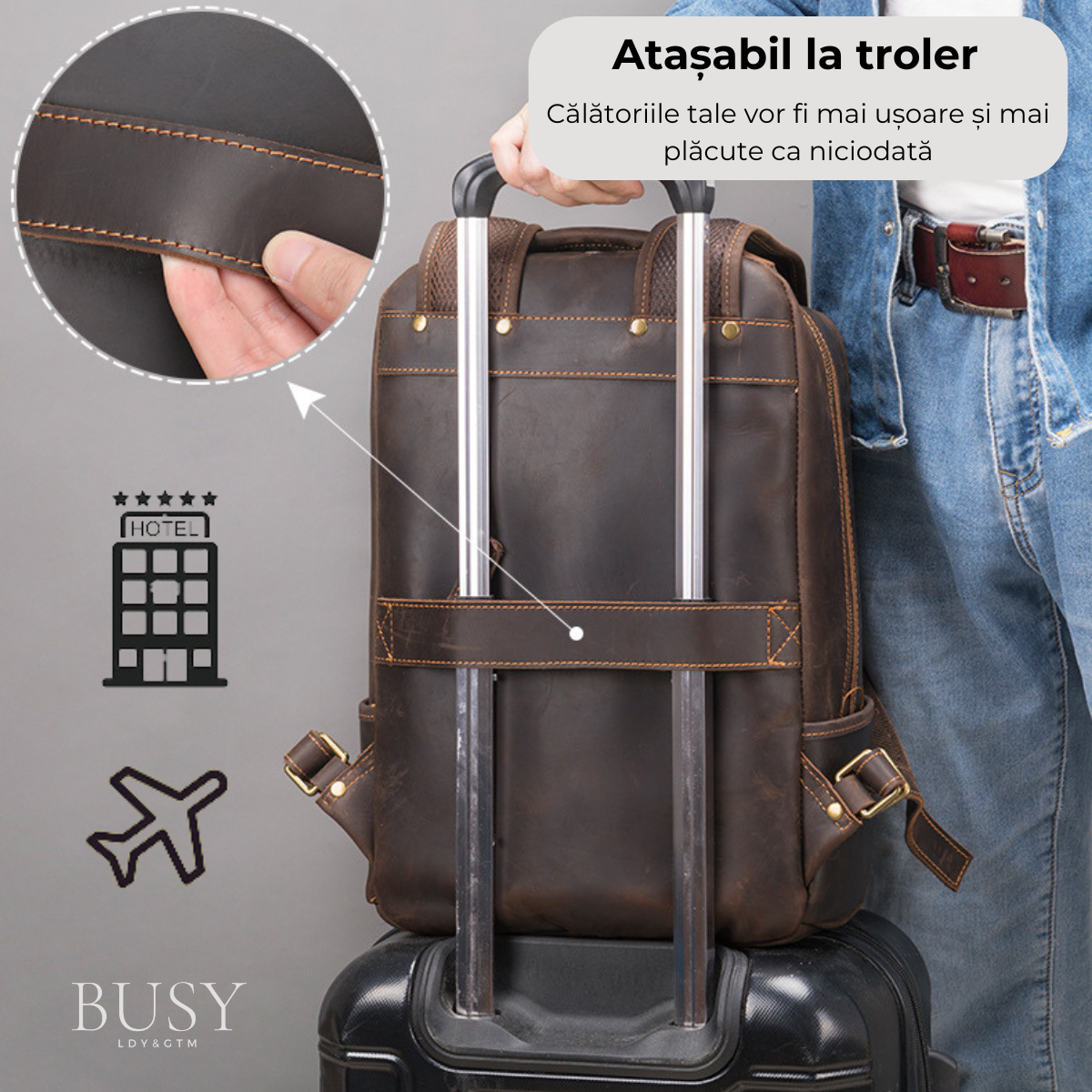 Rucsac laptop 15,6' Rayan, barbati, piele naturala, piele premium crazy horse, sistem prindere troler, compartiment tableta, dark coffee vintage