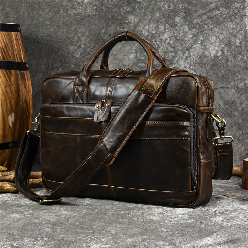 Geanta laptop 16' Tor, piele naturala, unisex, sistem prindere troler, maro
