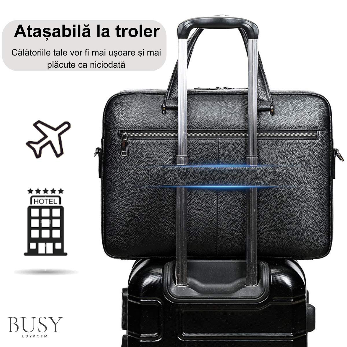Geanta laptop 17’ Buckingham, piele naturala, servieta unisex, suport prindere troler, compartiment tableta, neagra