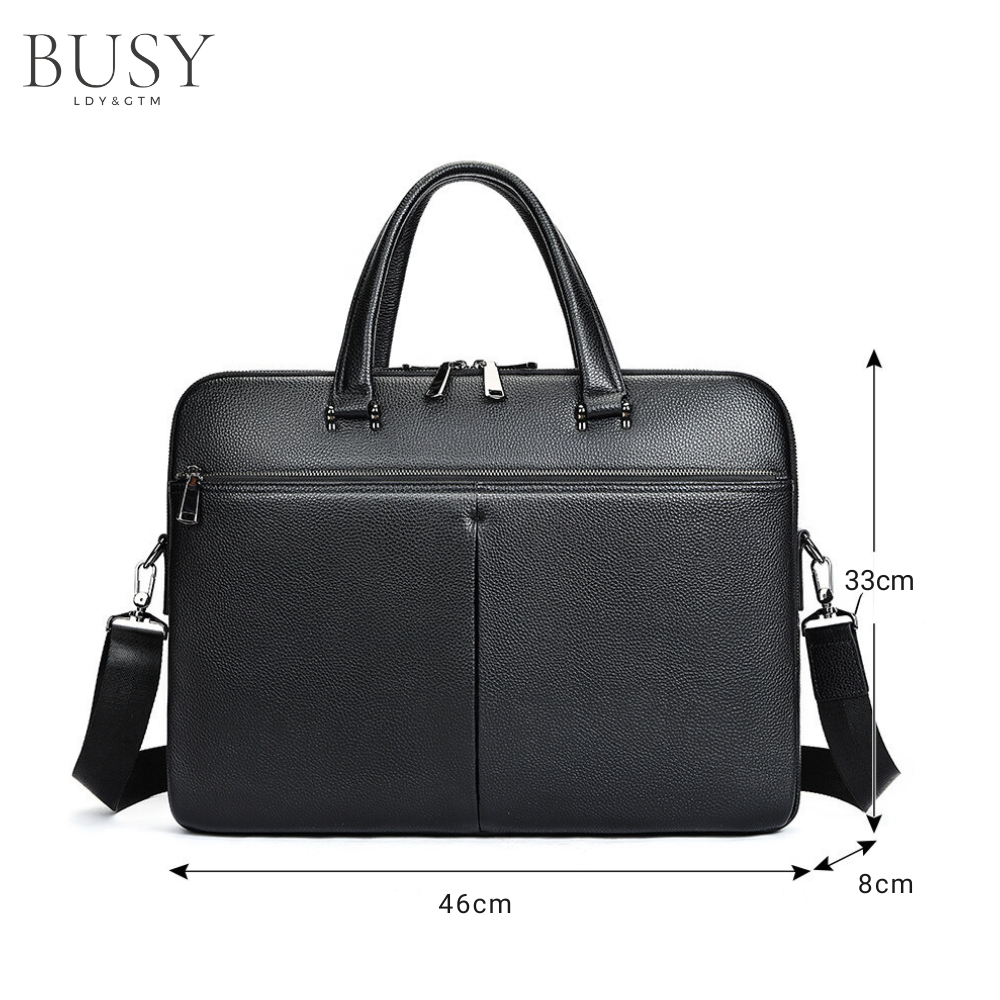 Geanta laptop 17’ Buckingham, piele naturala, servieta unisex, suport prindere troler, compartiment tableta, neagra