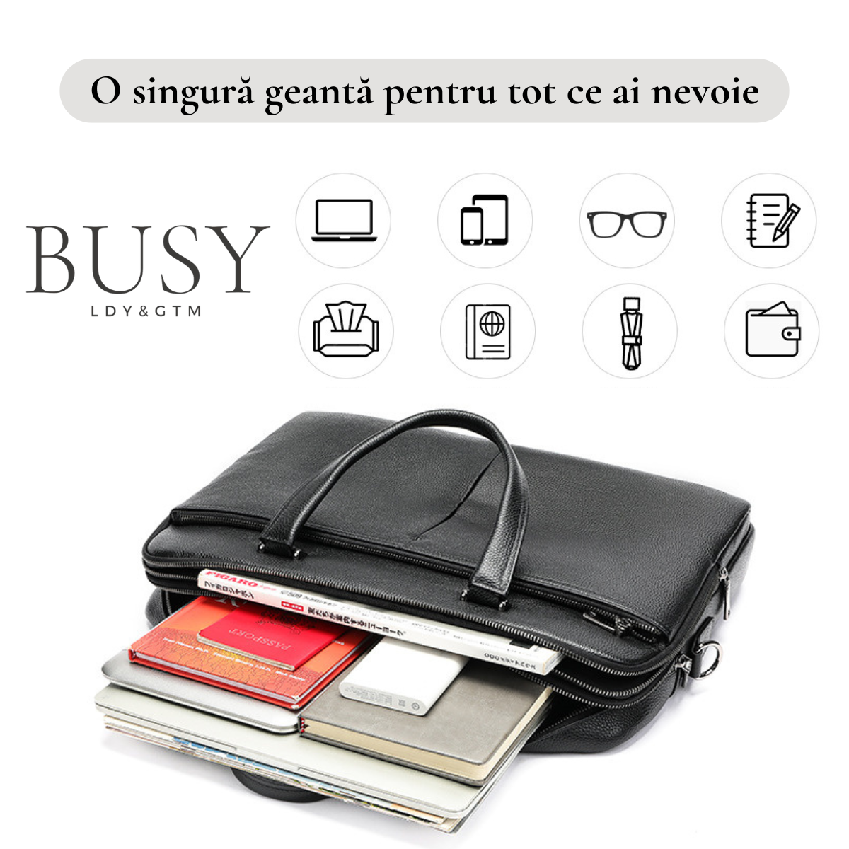 Geanta laptop 17’ Buckingham, piele naturala, servieta unisex, suport prindere troler, compartiment tableta, neagra