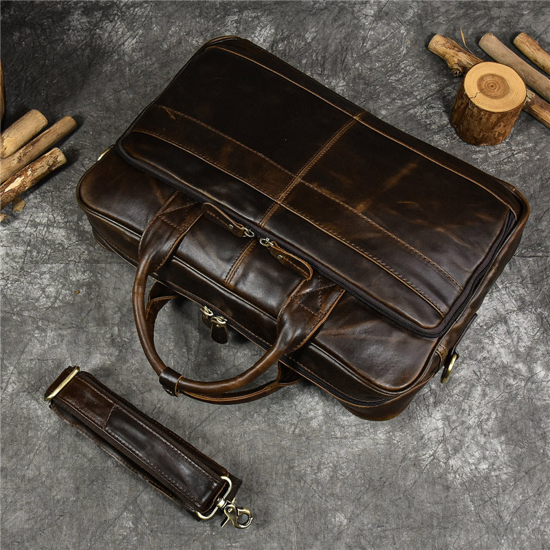 Geanta laptop 16' Tor, piele naturala, unisex, sistem prindere troler, maro