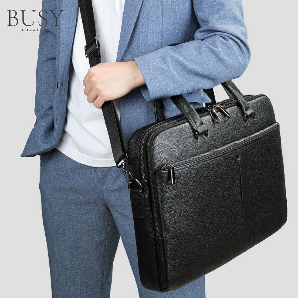Geanta laptop 17’ Buckingham, piele naturala, servieta unisex, suport prindere troler, compartiment tableta, neagra