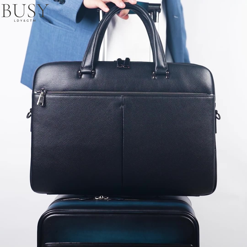 Geanta laptop 17’ Buckingham, piele naturala, servieta unisex, suport prindere troler, compartiment tableta, neagra