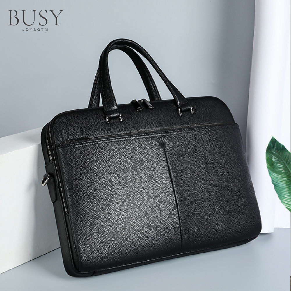 Geanta laptop 17’ Buckingham, piele naturala, servieta unisex, suport prindere troler, compartiment tableta, neagra