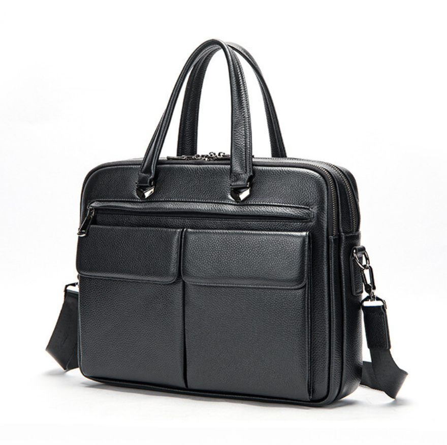 Geanta laptop 15’ Dr. House, piele naturala, servieta unisex, de umar, premium, capacitate mare documente, neagra