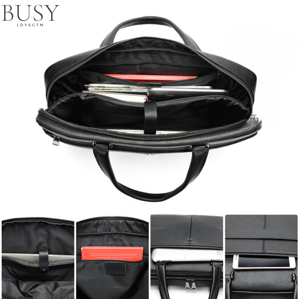 Geanta laptop 17’ Buckingham, piele naturala, servieta unisex, suport prindere troler, compartiment tableta, neagra