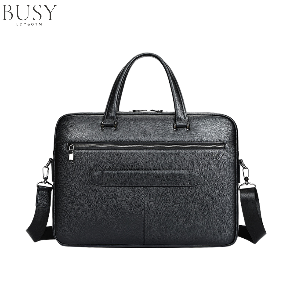 Geanta laptop 17’ Buckingham, piele naturala, servieta unisex, suport prindere troler, compartiment tableta, neagra