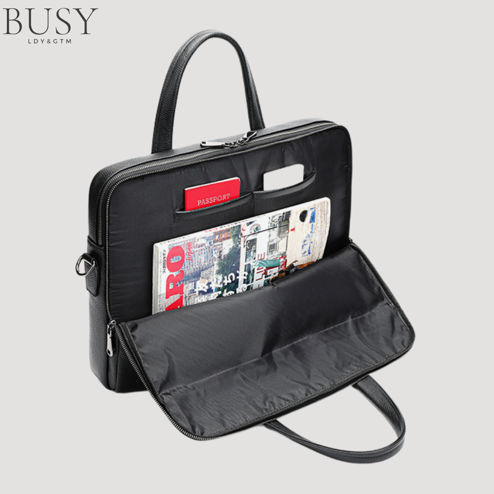 Geanta laptop 17’ Buckingham, piele naturala, servieta unisex, suport prindere troler, compartiment tableta, neagra