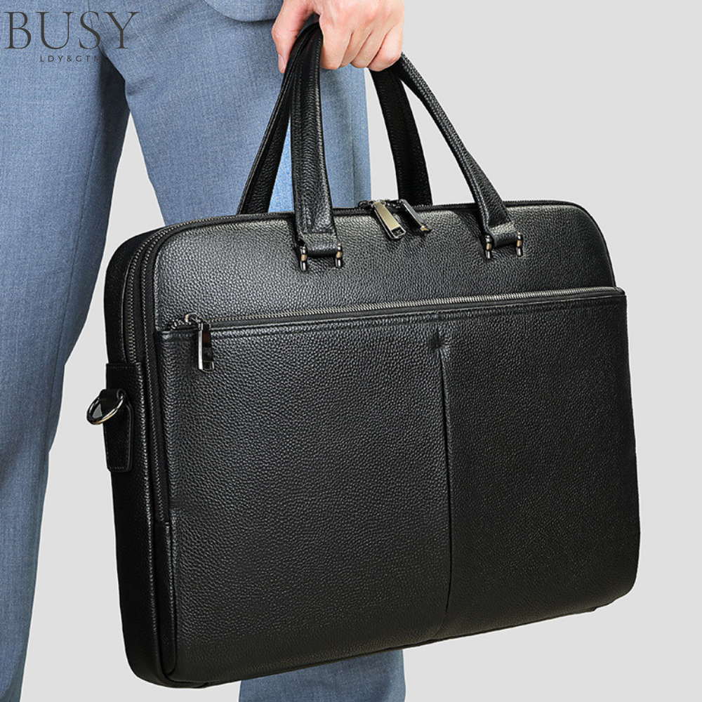 Geanta laptop 17’ Buckingham, piele naturala, servieta unisex, suport prindere troler, compartiment tableta, neagra
