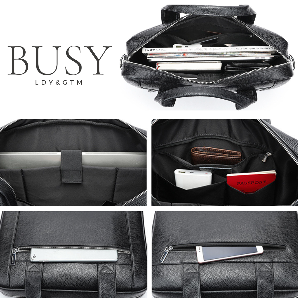 Geanta laptop 14' Baron, piele naturala, servieta unisex, de umar si de mana, neagra