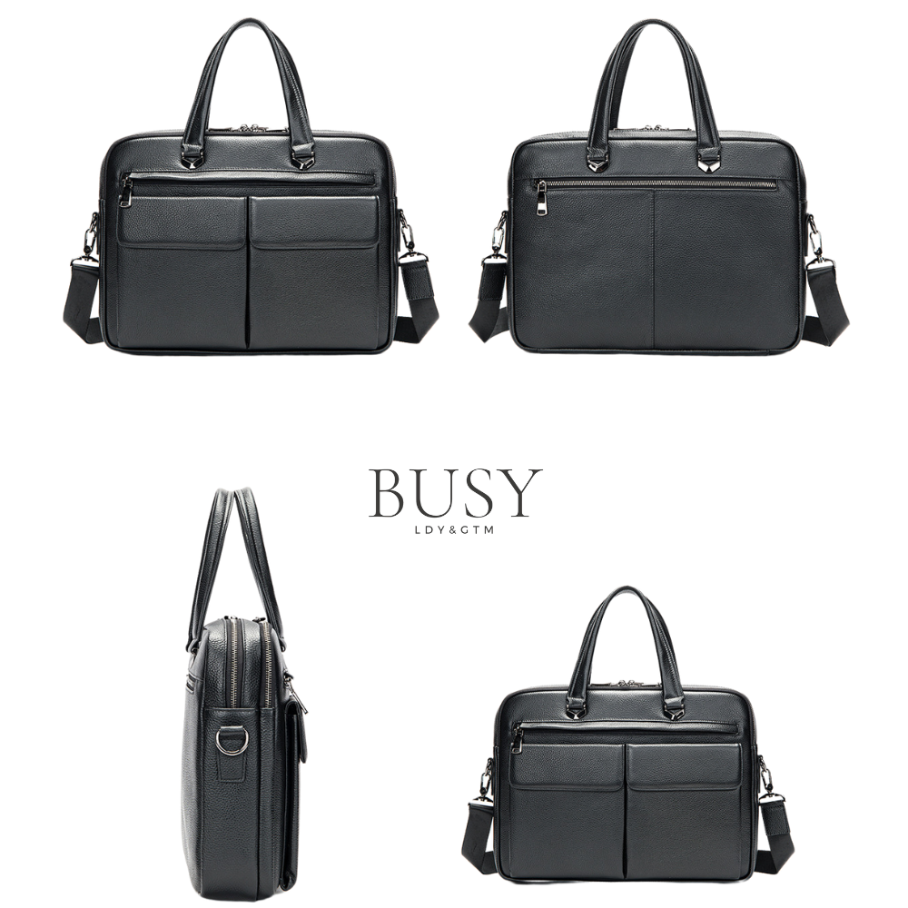 Geanta laptop 15’ Dr. House, piele naturala, servieta unisex, de umar, premium, capacitate mare documente, neagra