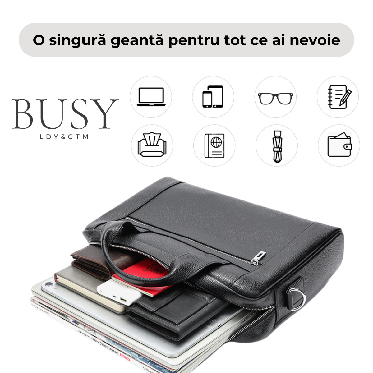 Geanta laptop 14' Baron, piele naturala, servieta unisex, de umar si de mana, neagra