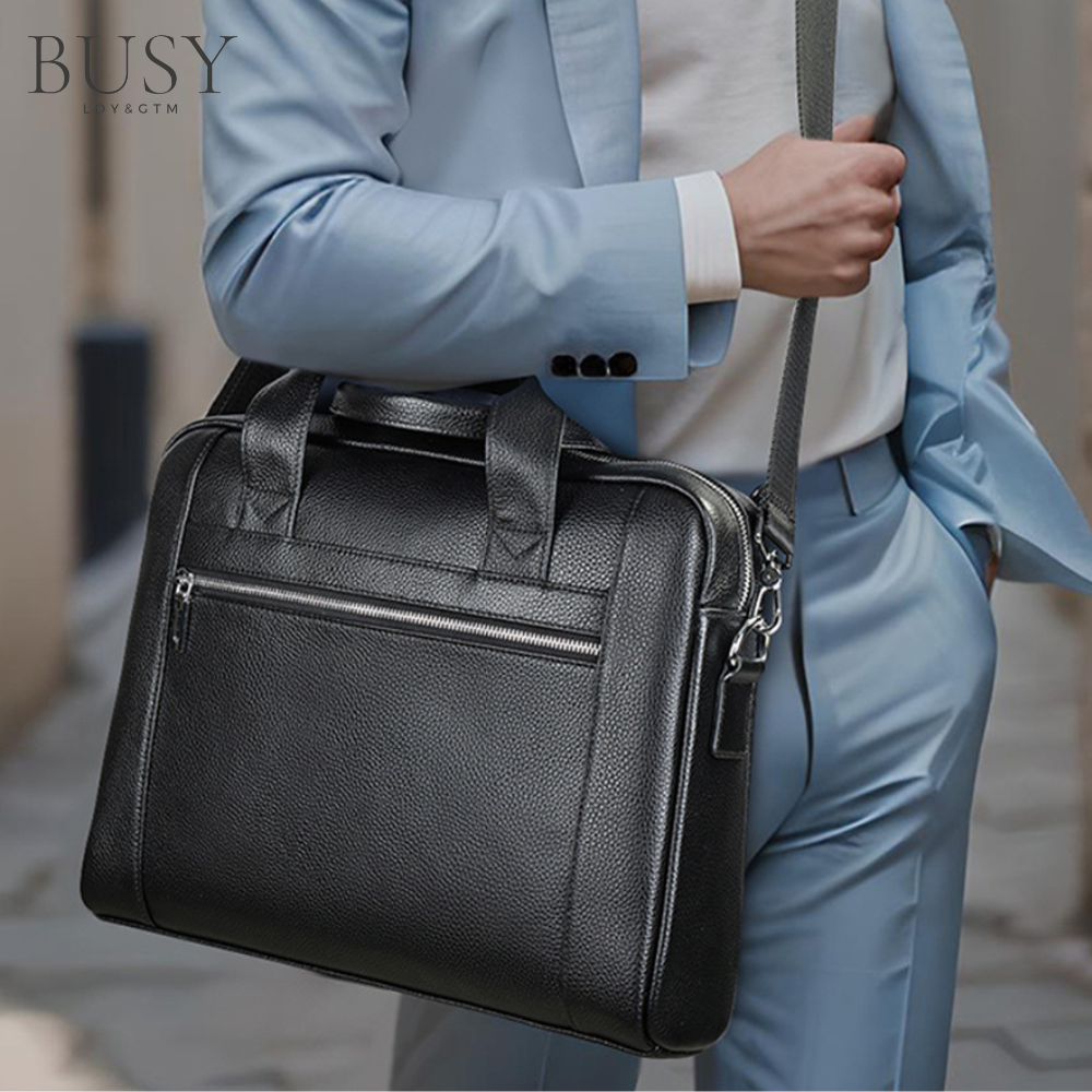 Geanta laptop 14' Baron, piele naturala, servieta unisex, de umar si de mana, neagra