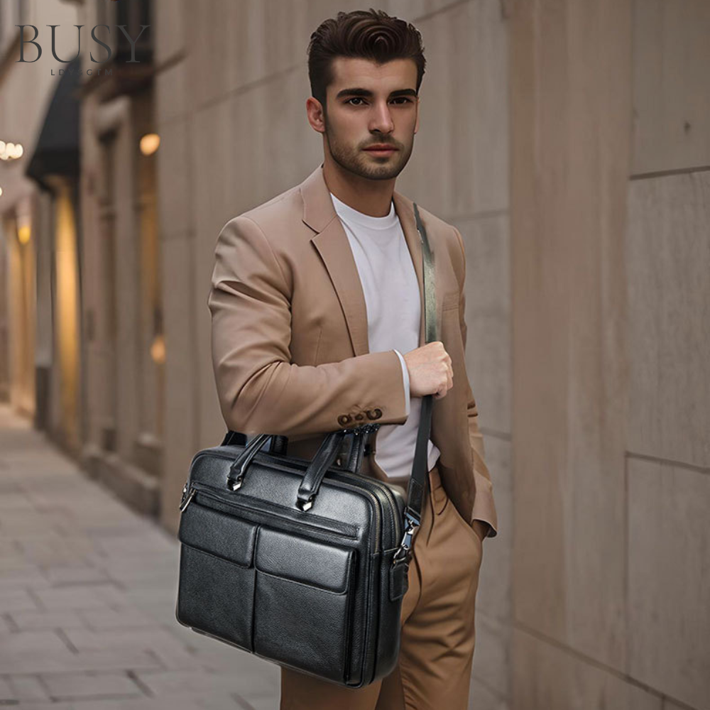 Geanta laptop 15’ Dr. House, piele naturala, servieta unisex, de umar, premium, capacitate mare documente, neagra