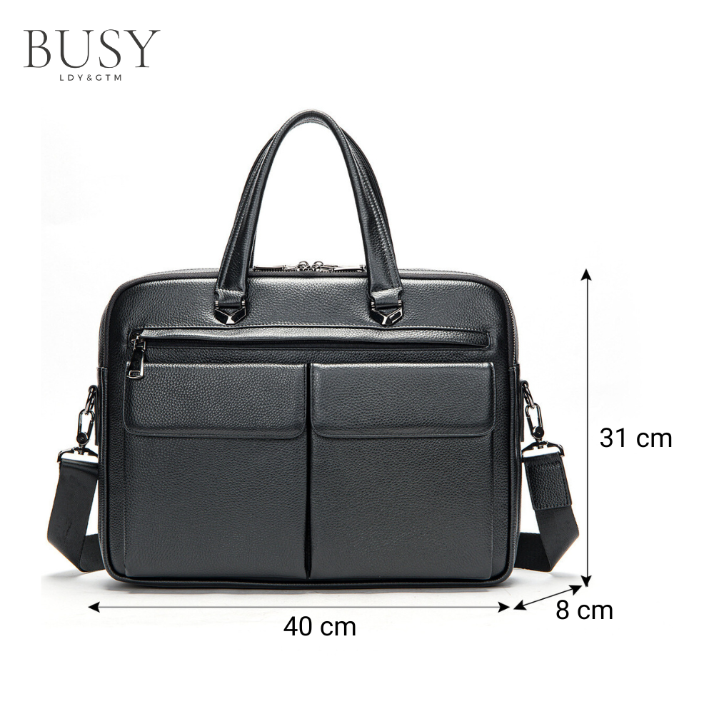 Geanta laptop 15’ Dr. House, piele naturala, servieta unisex, de umar, premium, capacitate mare documente, neagra