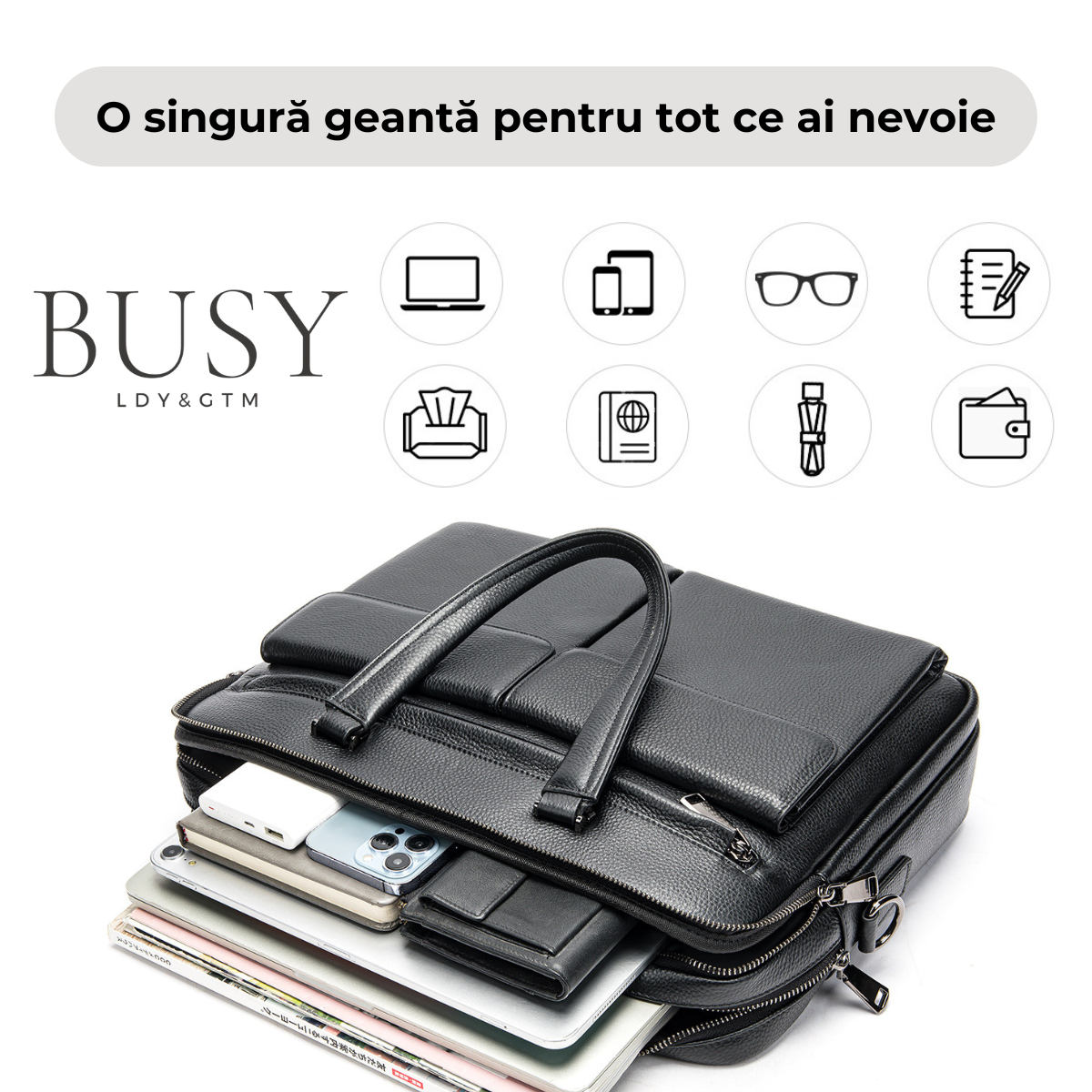 Geanta laptop 15’ Dr. House, piele naturala, servieta unisex, de umar, premium, capacitate mare documente, neagra