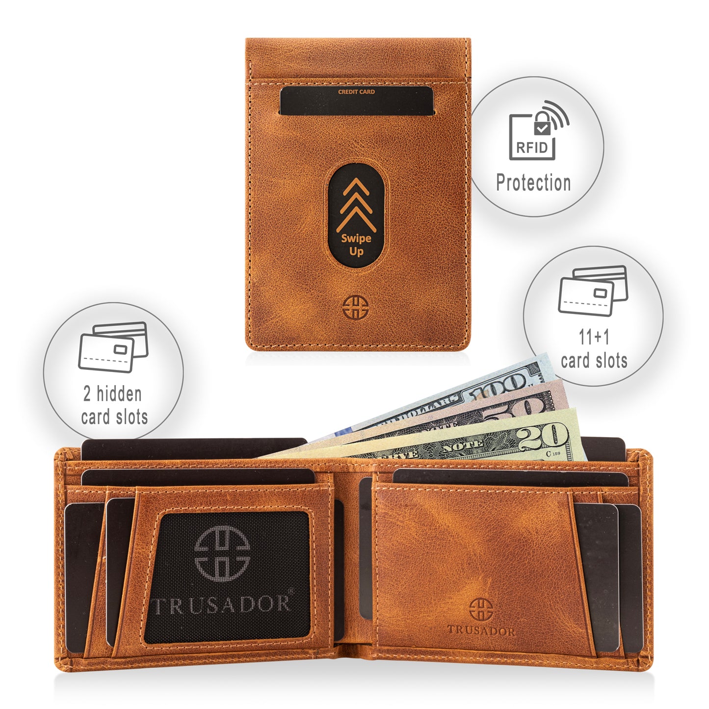 Portofel din piele naturala cu protectie anti scanare carduri RFID si cu buzunar pentru monede, Trento - cognac