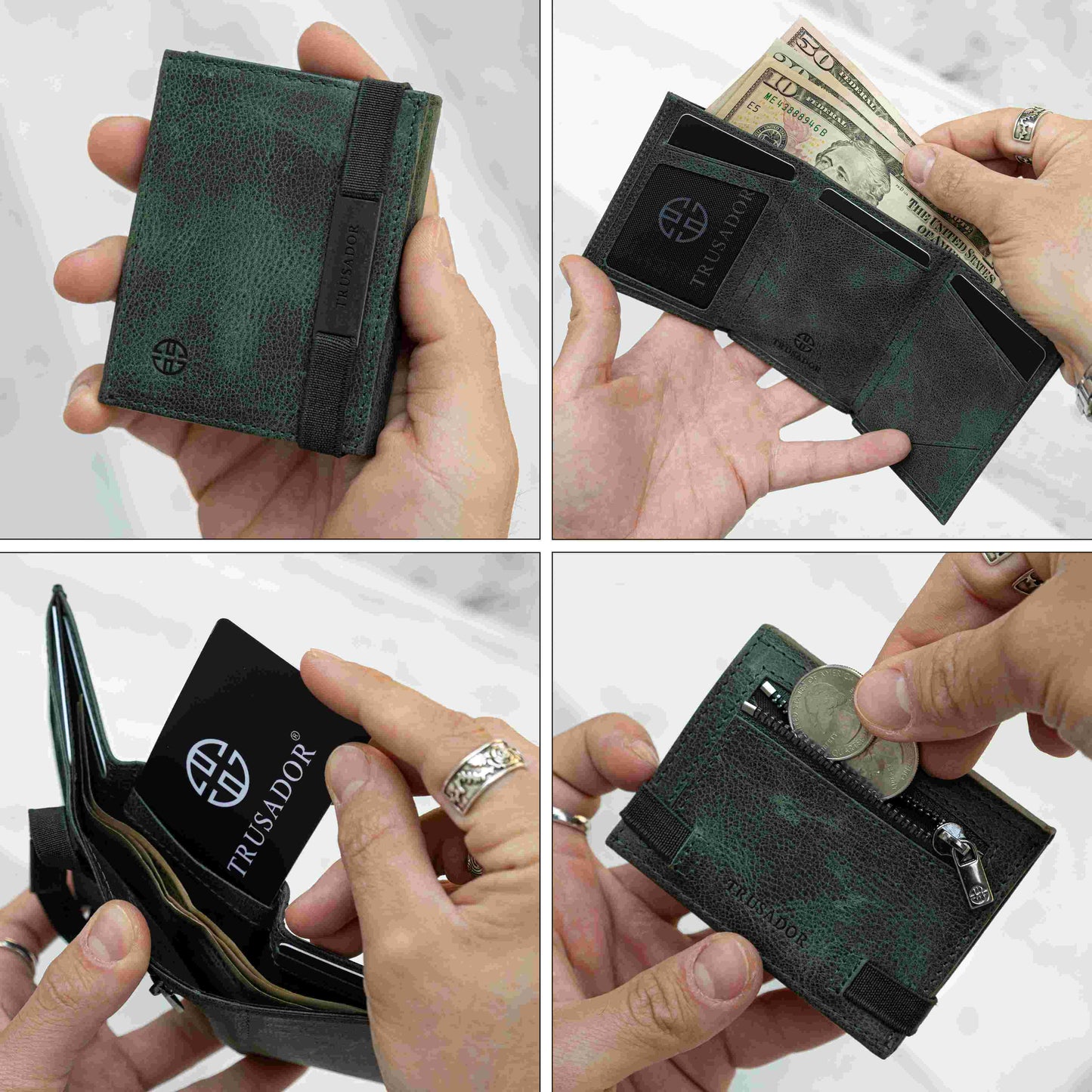 Portofel piele naturala cu cu oglinda si protectie anti scanare carduri RFID, design compact trifold, Marseille - verde