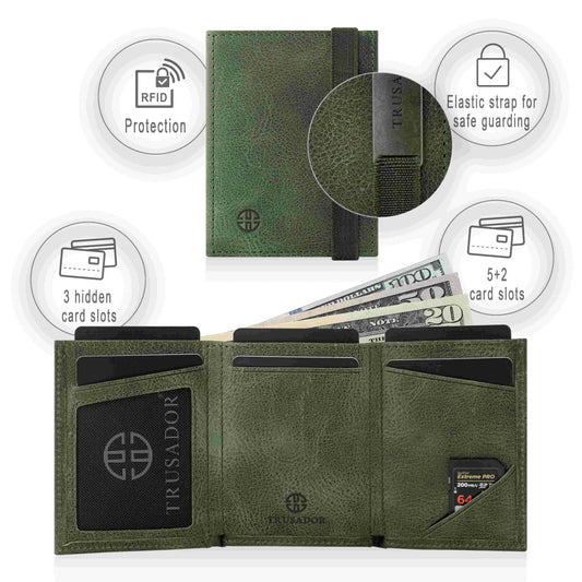 Portofel piele naturala cu cu oglinda si protectie anti scanare carduri RFID, design compact trifold, Marseille - verde