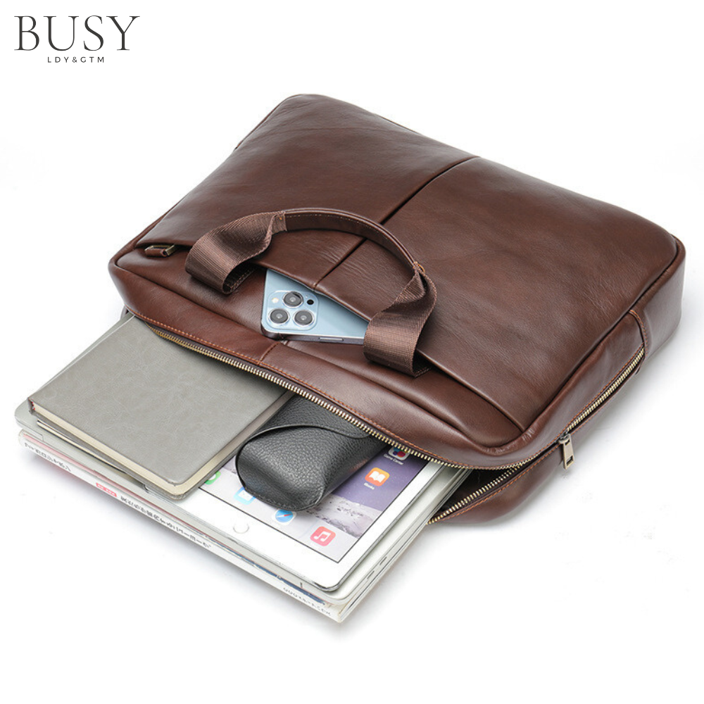 Geanta laptop 15,6' Flume, piele naturala, servieta unisex, multiple compartimente, maro