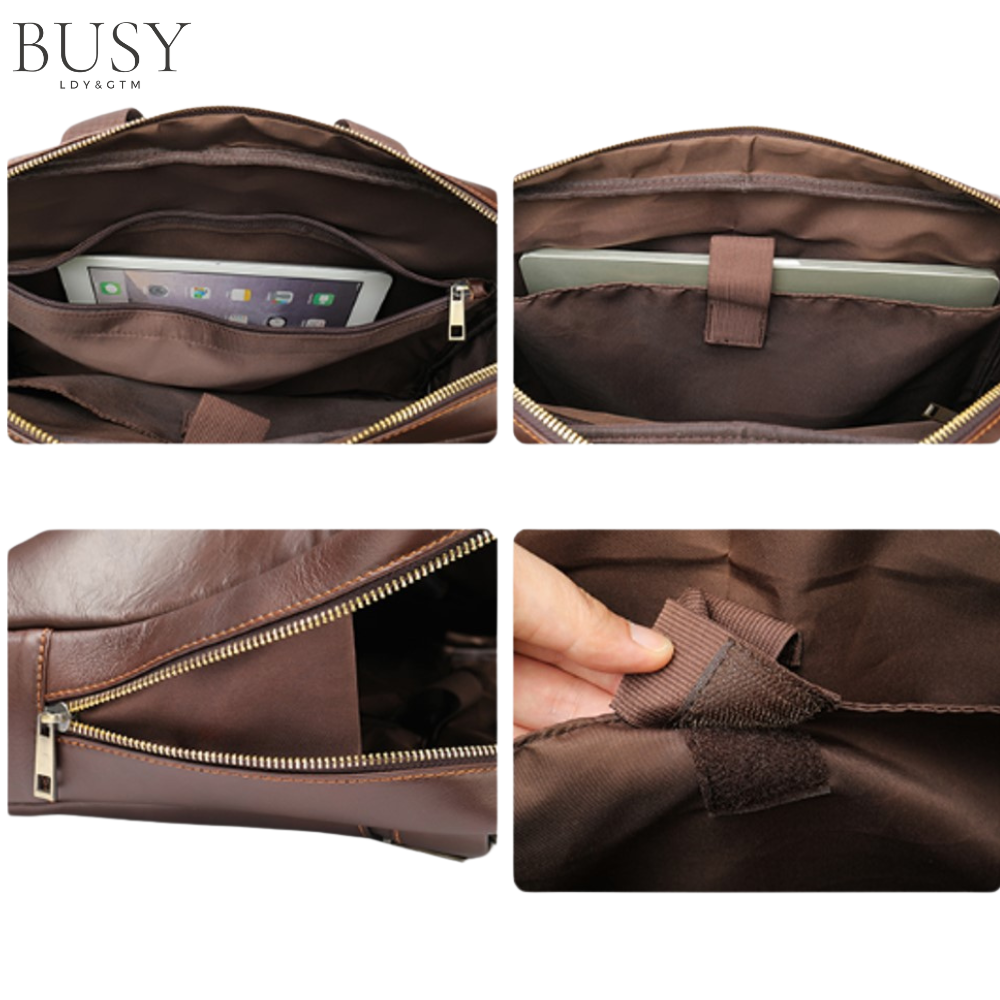 Geanta laptop 15,6' Flume, piele naturala, servieta unisex, multiple compartimente, maro
