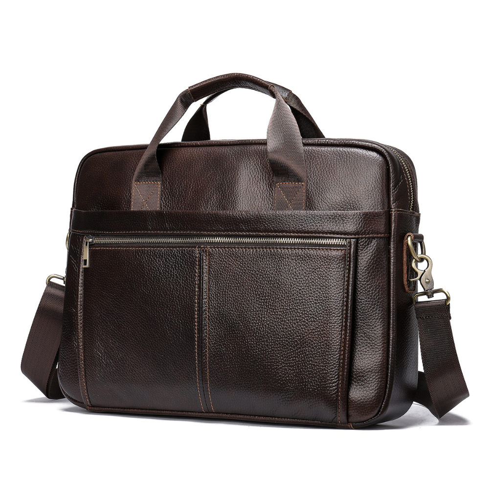 Geanta laptop 15,6' Dark, piele naturala, servieta unisex, multiple compartimente, maro inchis