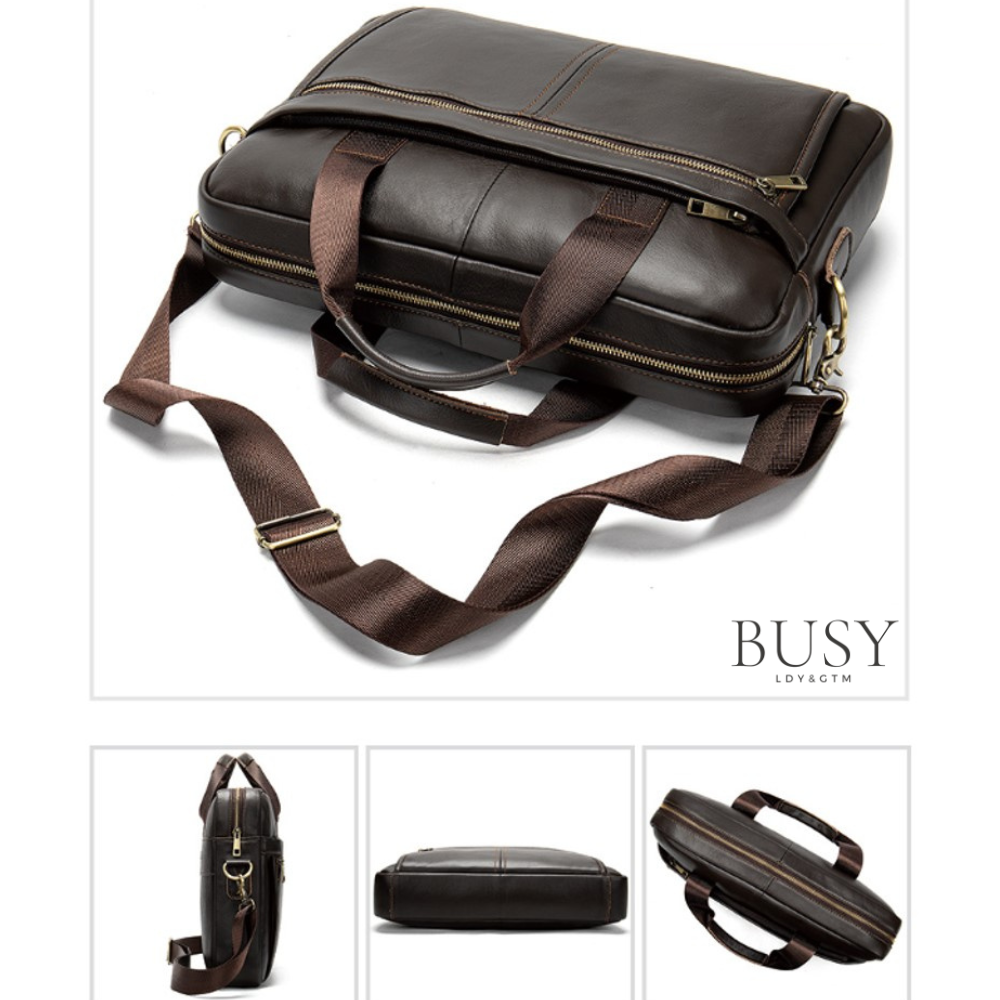 Geanta laptop 15,6' Dark, piele naturala, servieta unisex, multiple compartimente, maro inchis
