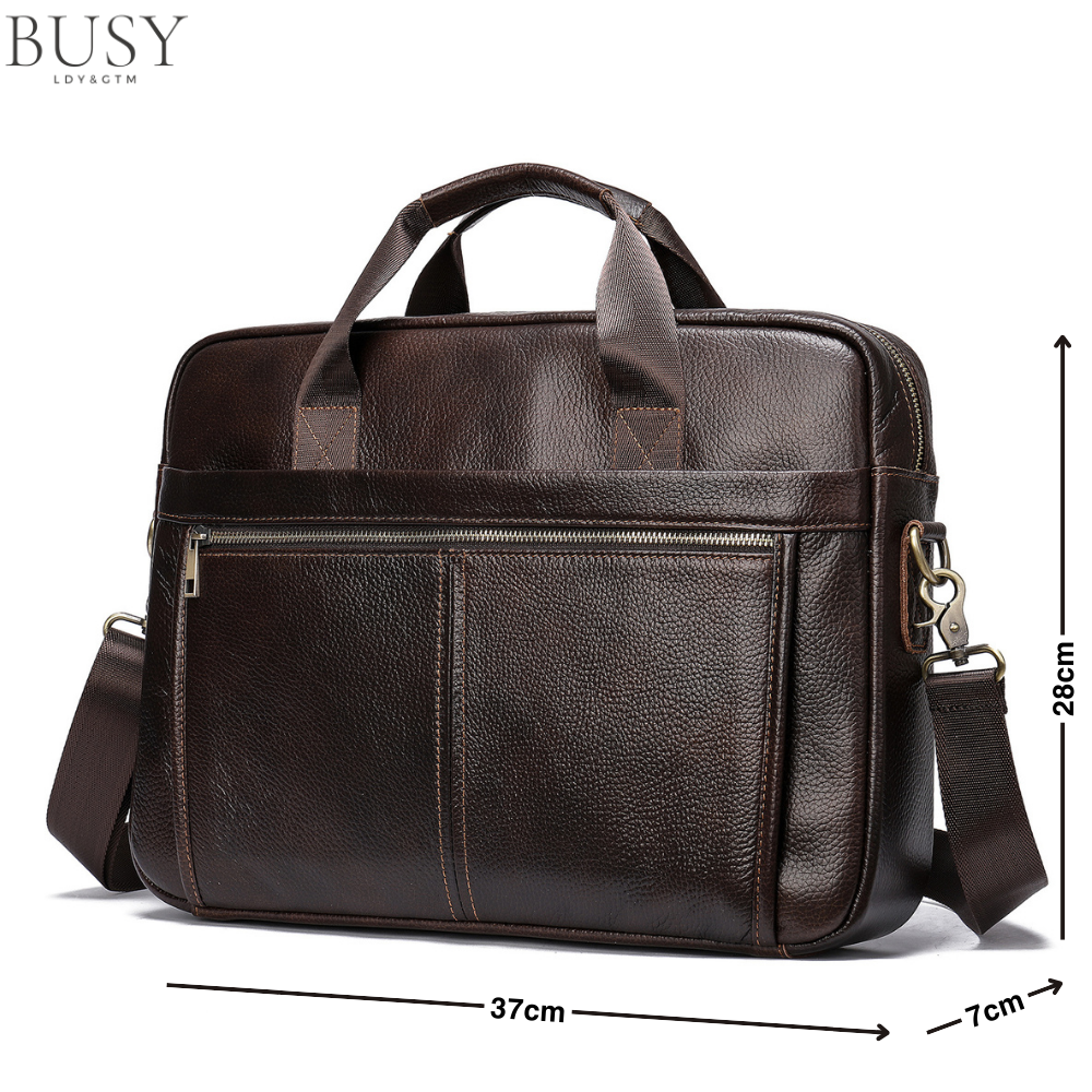 Geanta laptop 15,6' Dark, piele naturala, servieta unisex, multiple compartimente, maro inchis